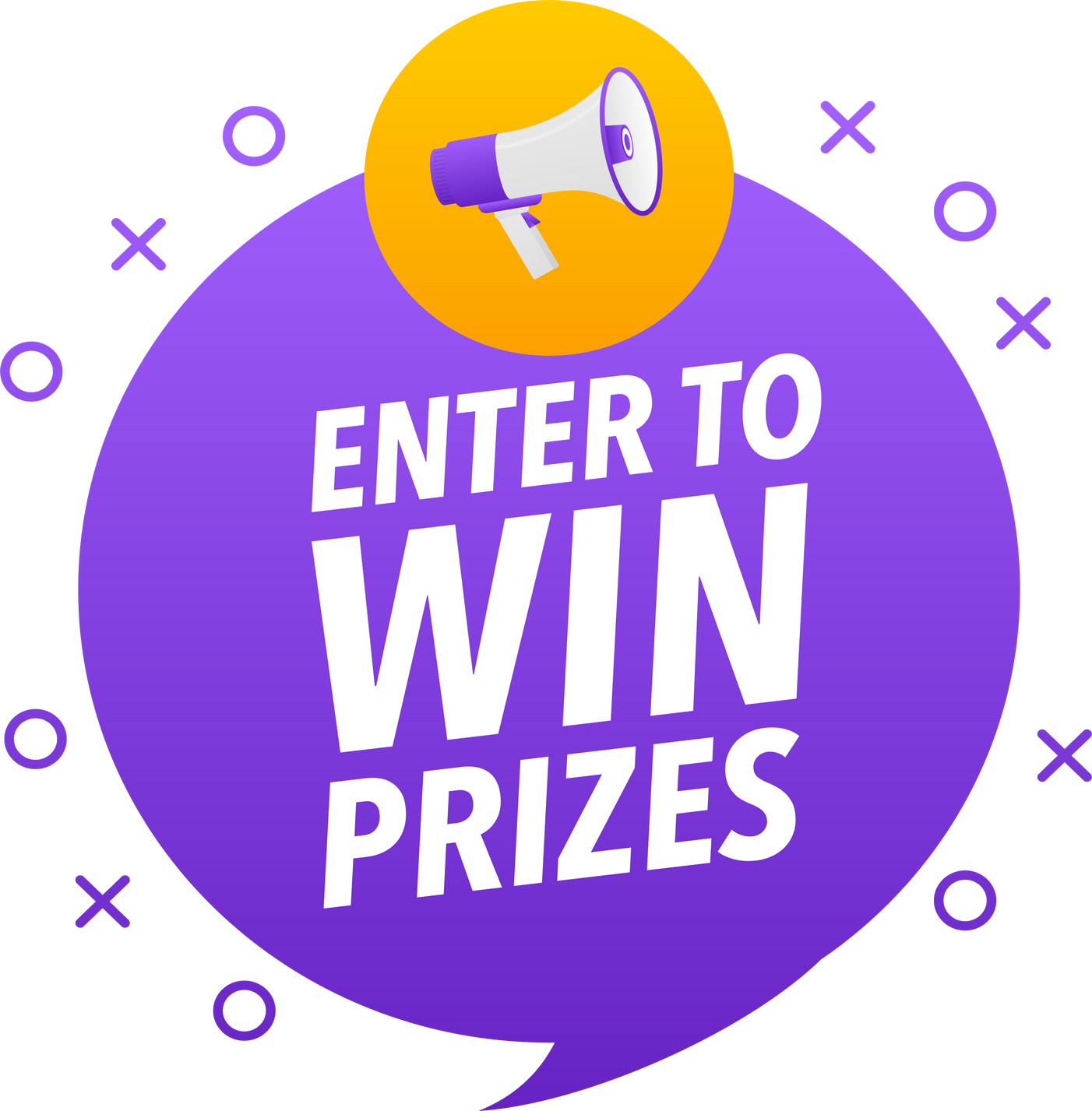 Enter to win prizes Announcement Megaphone Label. Loudspeaker speech bubble.